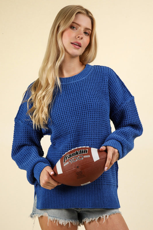 Kasey Waffle-Knit Exposed Seam Round Neck Sweater