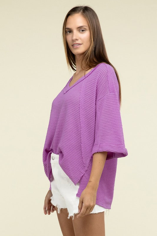 Sydney Brushed Waffle Exposed-Seam 3/4 Sleeve Top