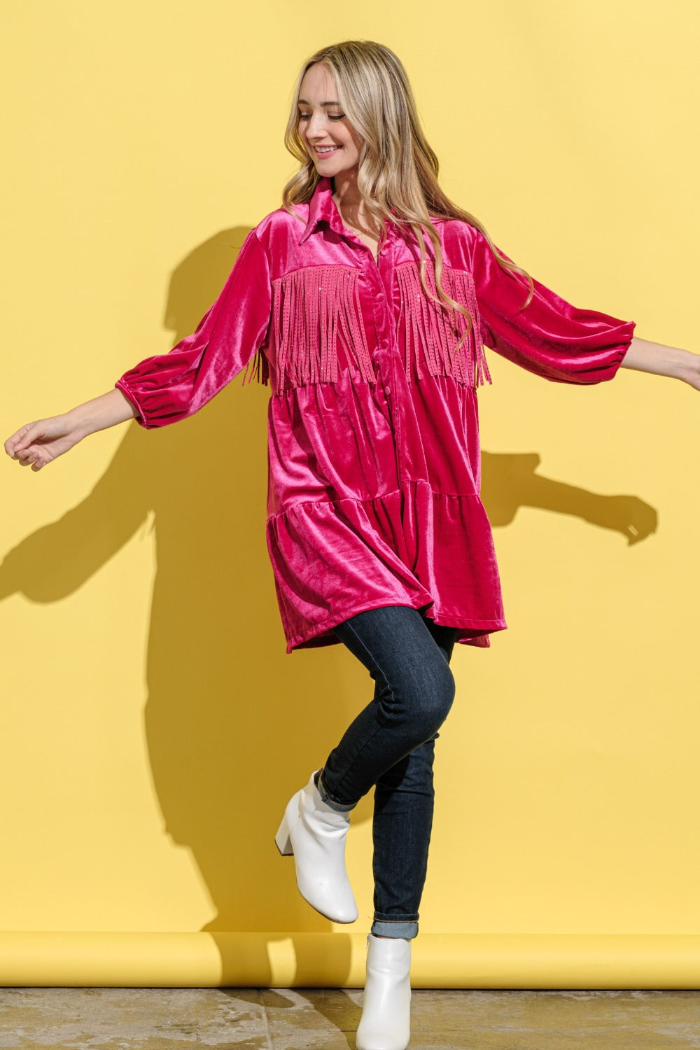 Anya Fringe Detailed Velvet Shirt Dress in Magenta