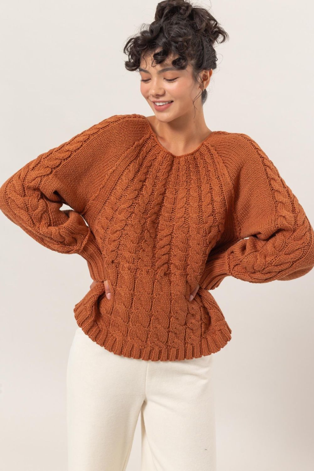 Corrie Cable-Knit Round Neck Raglan Sleeve Sweater