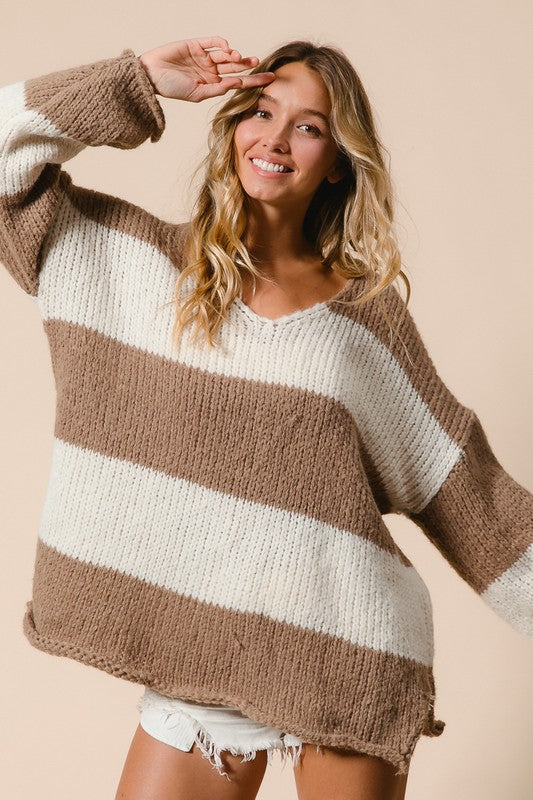 Shay Striped V-Neck Dropped Shoulder Sweater