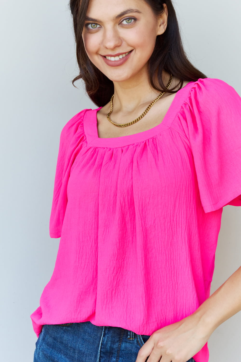 Krissy Square Neck Short Sleeve Blouse in Fuchsia