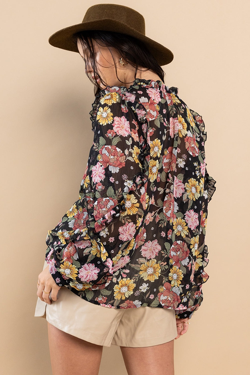 Cecily Ruffle Trim Long Sleeve Floral Blouse