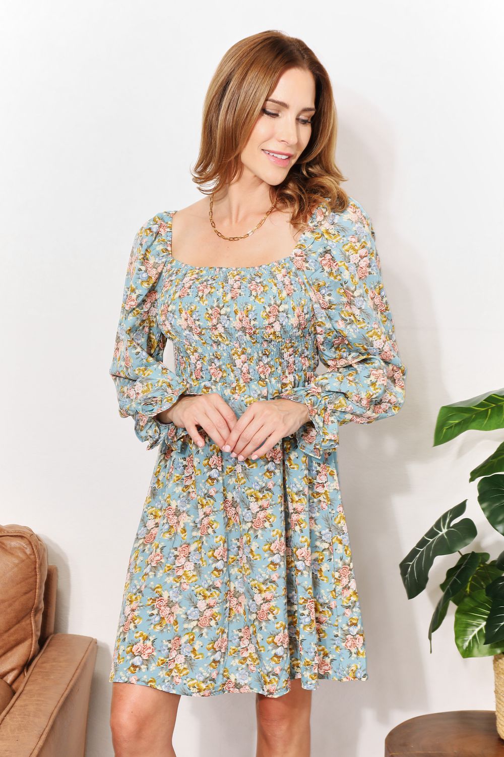 Mandy Floral Smocked Flounce Sleeve Dress