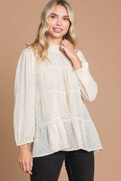 Heidi Swiss Dot Smocked Mock Neck Blouse