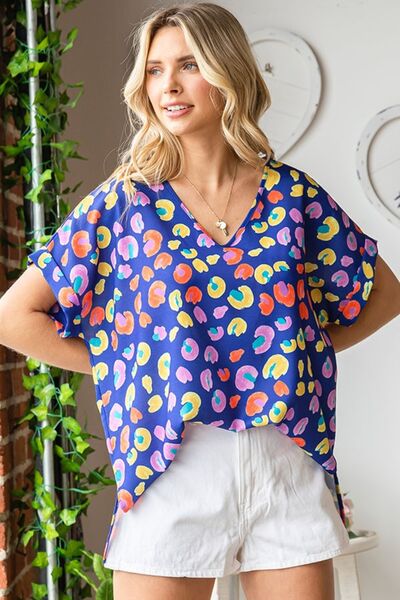 Cassie Printed V-Neck Short Sleeve Blouse