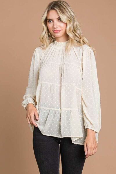 Heidi Swiss Dot Smocked Mock Neck Blouse