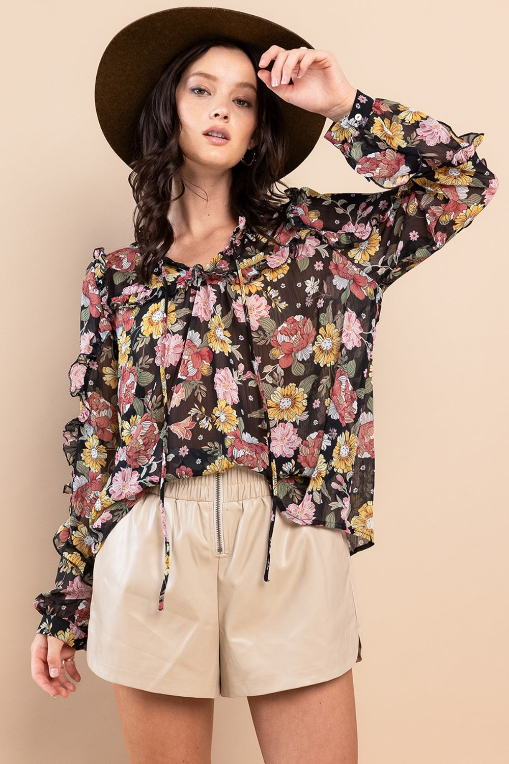 Cecily Ruffle Trim Long Sleeve Floral Blouse