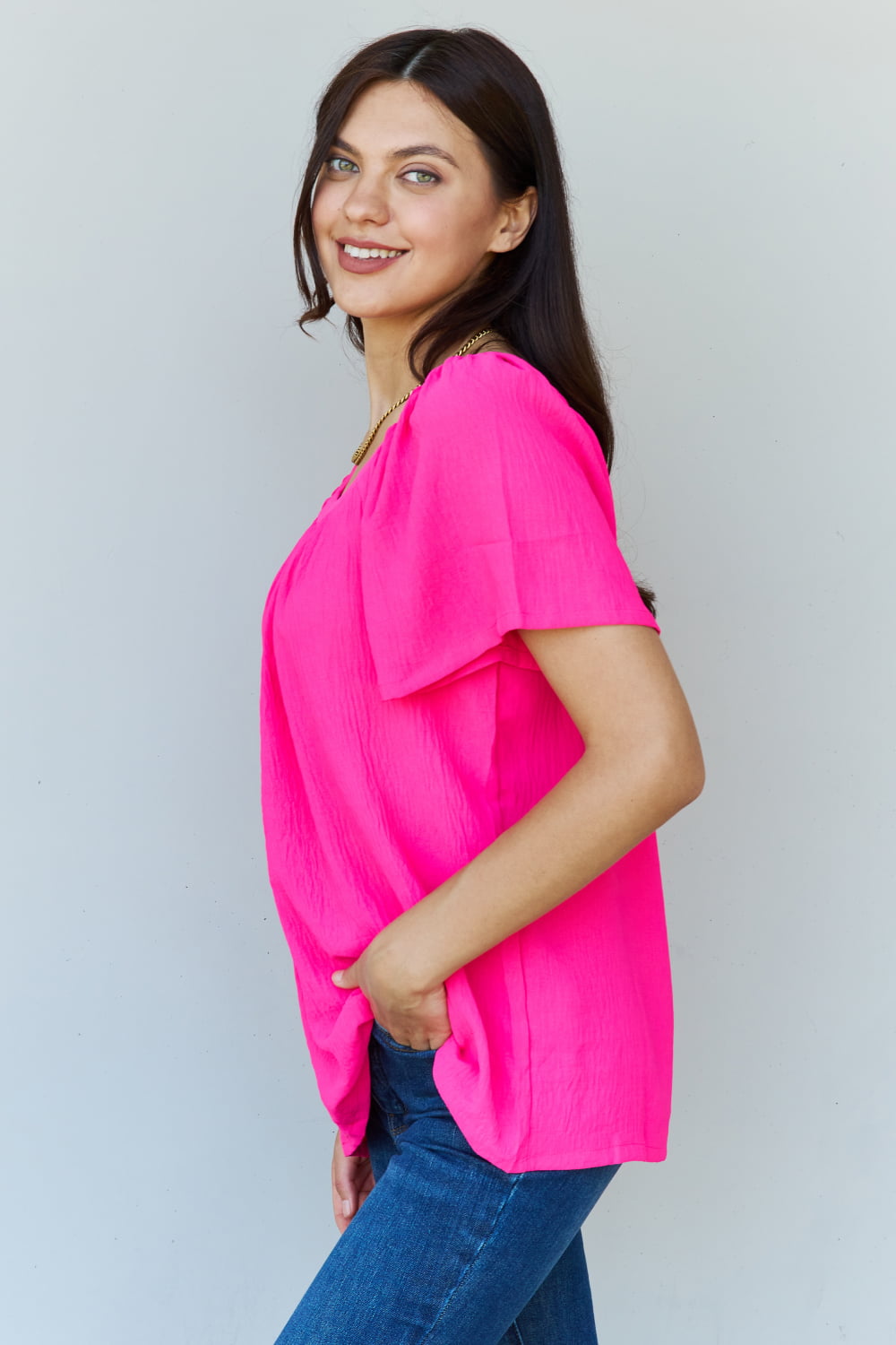 Krissy Square Neck Short Sleeve Blouse in Fuchsia