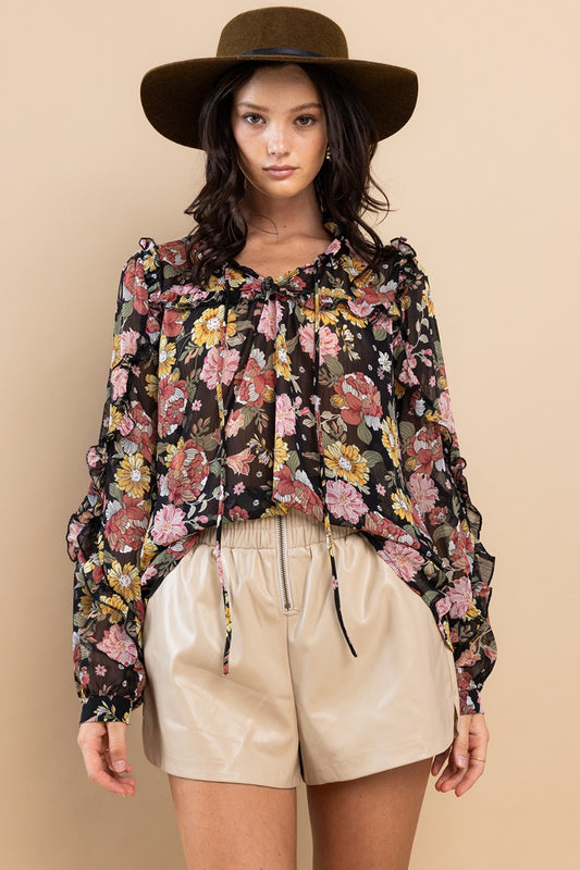 Cecily Ruffle Trim Long Sleeve Floral Blouse