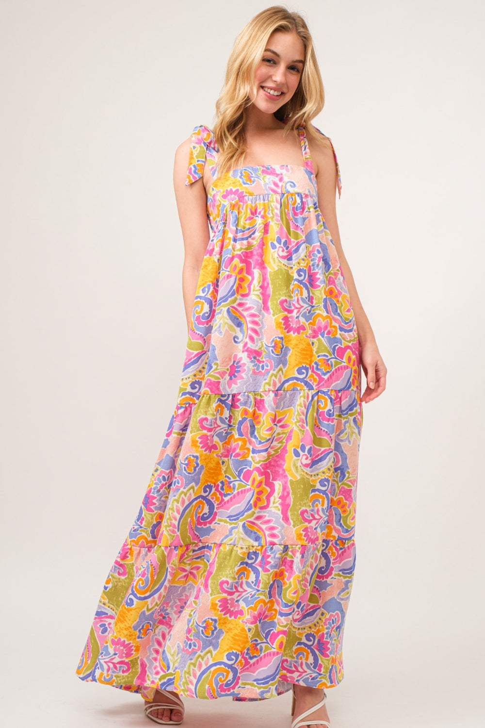 Yasmin Printed Tie Shoulder Tiered Maxi Dress