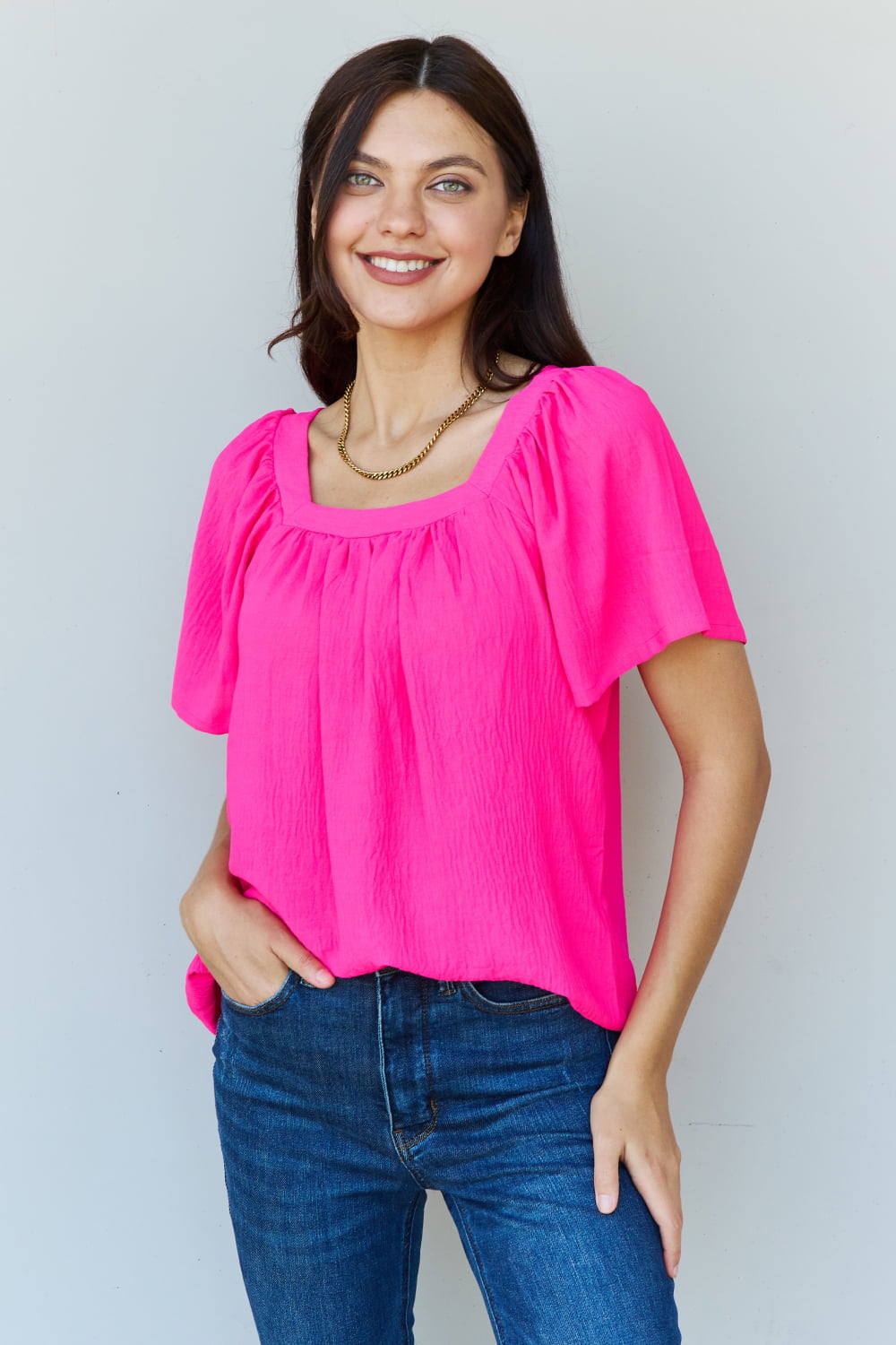 Krissy Square Neck Short Sleeve Blouse in Fuchsia