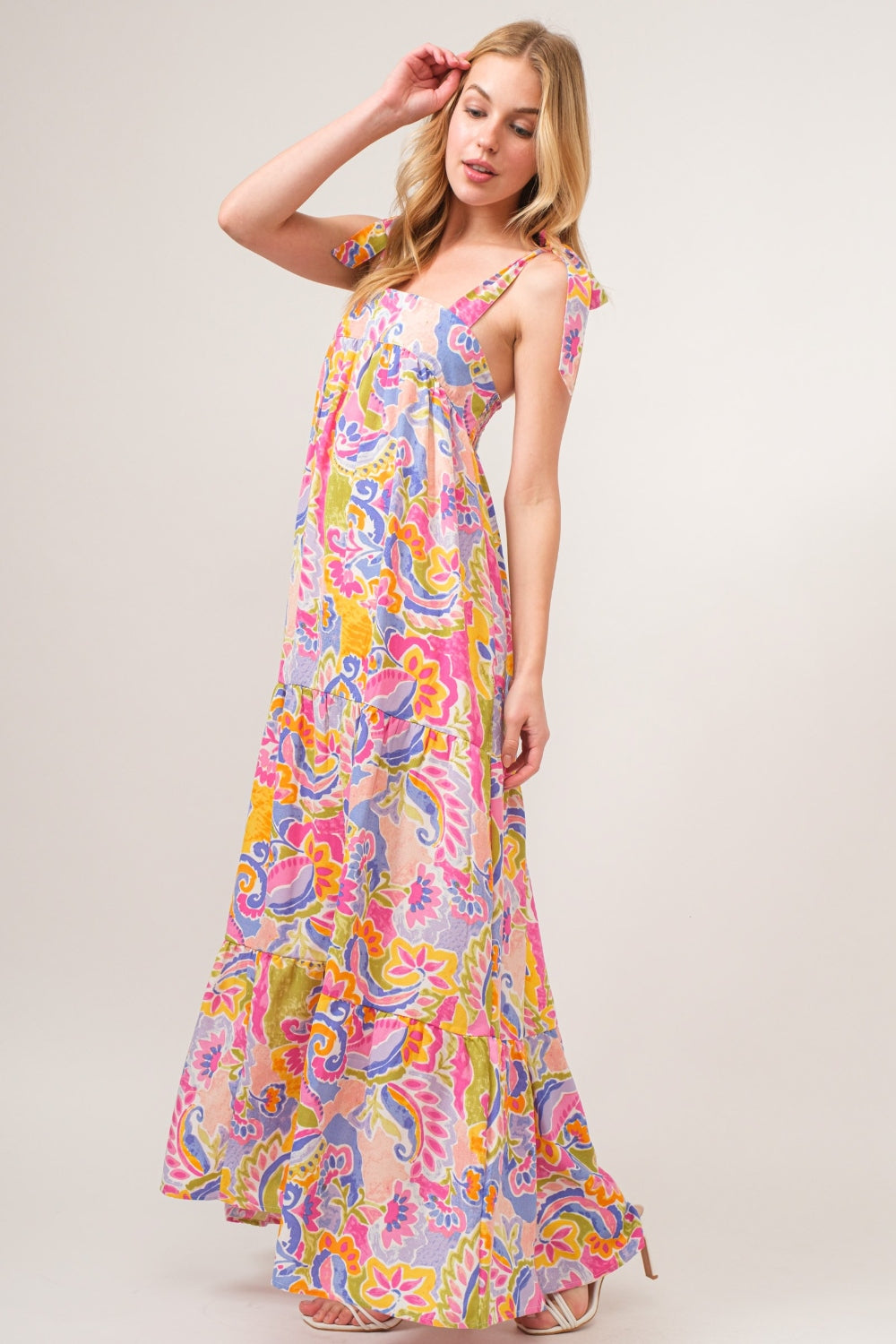 Yasmin Printed Tie Shoulder Tiered Maxi Dress