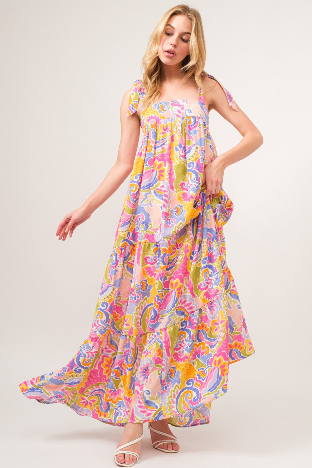 Yasmin Printed Tie Shoulder Tiered Maxi Dress