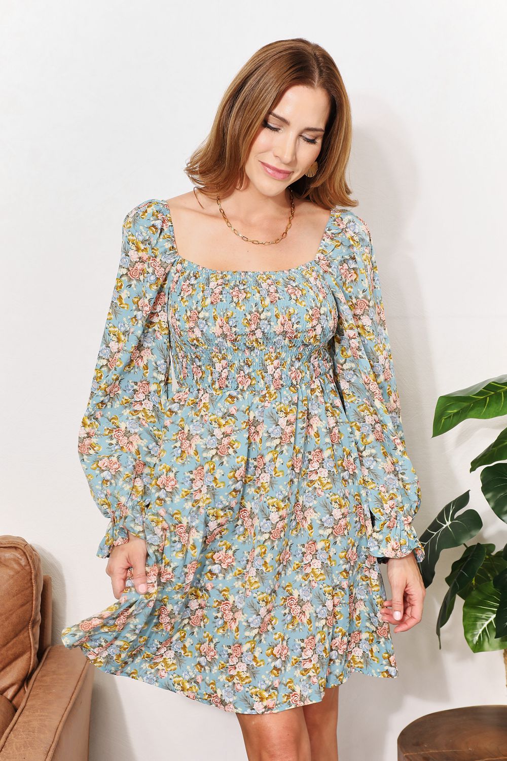 Mandy Floral Smocked Flounce Sleeve Dress