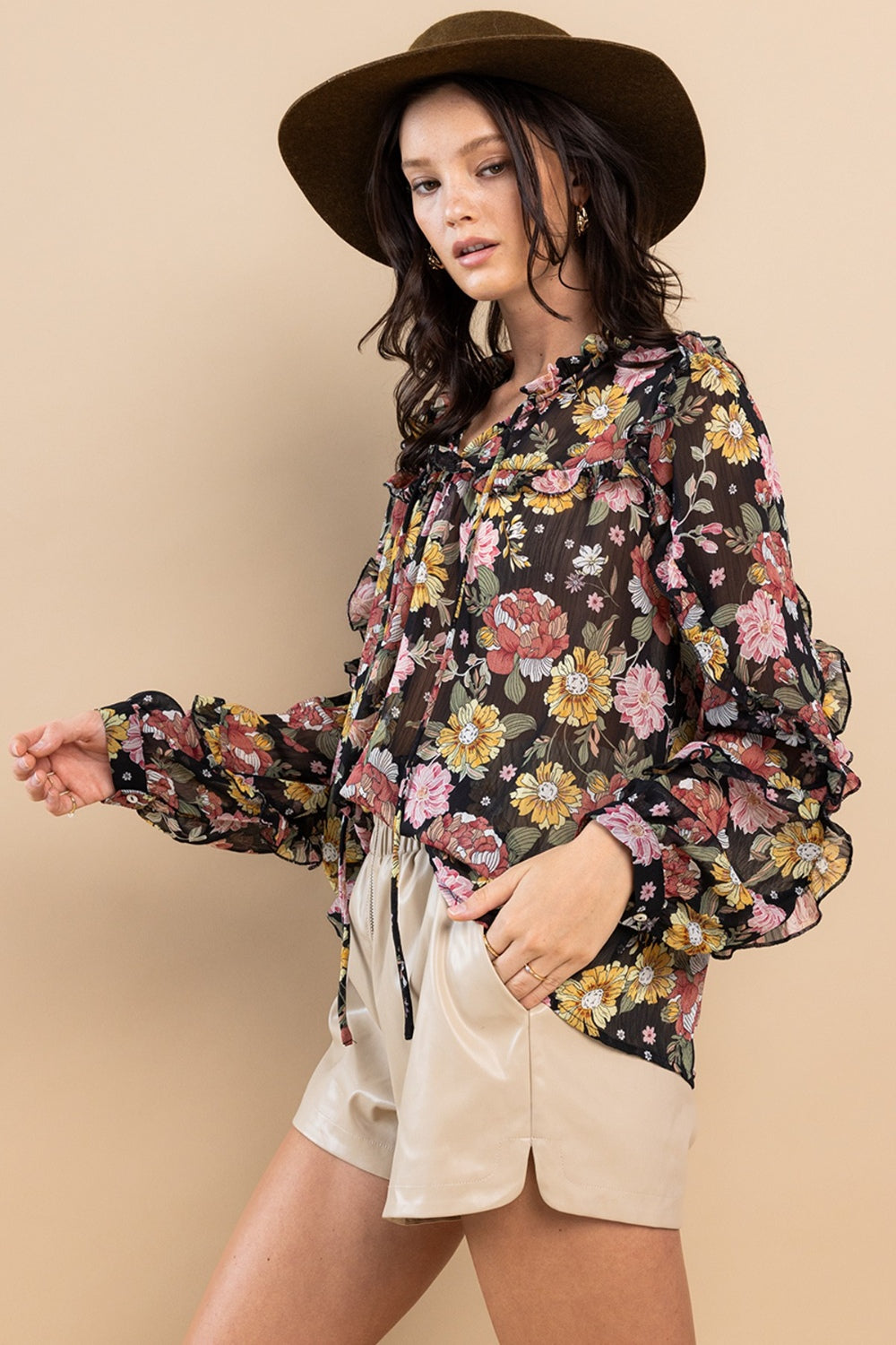 Cecily Ruffle Trim Long Sleeve Floral Blouse