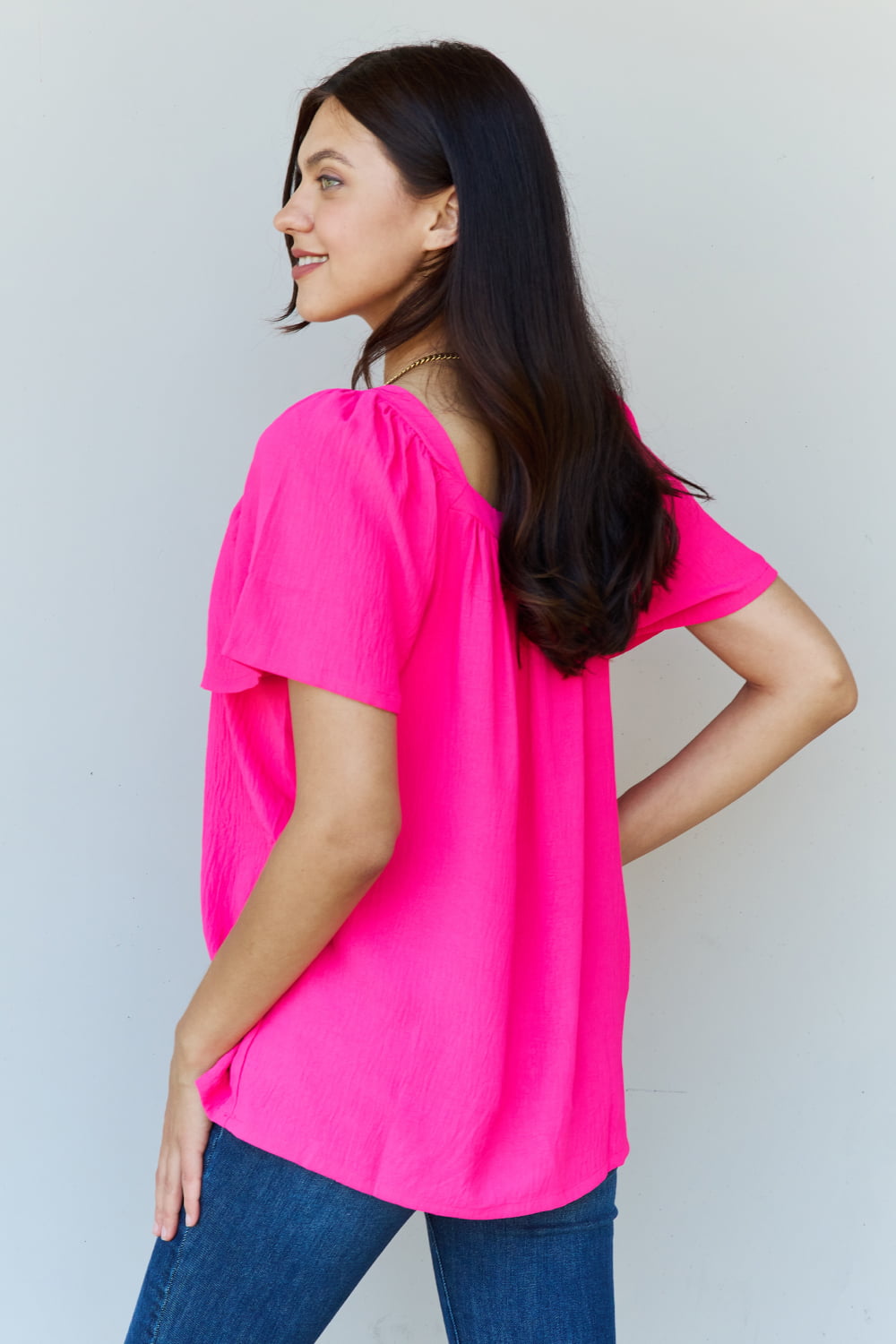 Krissy Square Neck Short Sleeve Blouse in Fuchsia